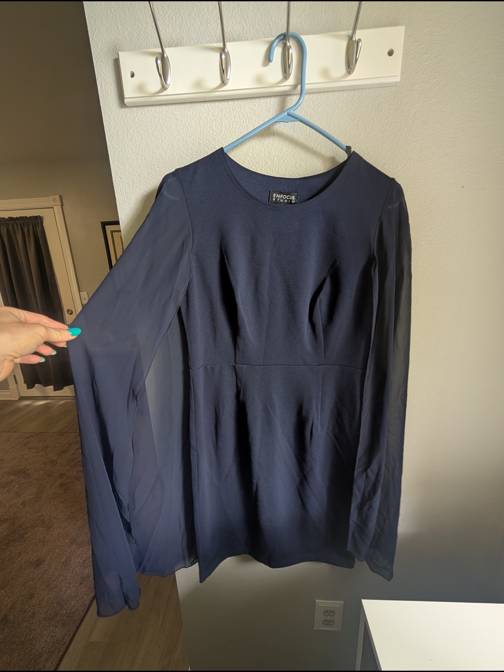 Enfocus Studio Navy Sleeveless Dress with Sheer Attached Cape/Sleeves NWOT SZ 4